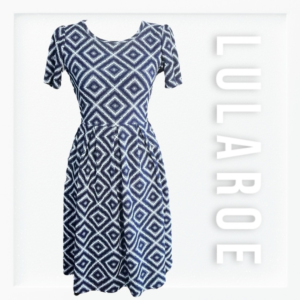Lularoe Navy and White Fit and Flare Modest Skater Dress sz S